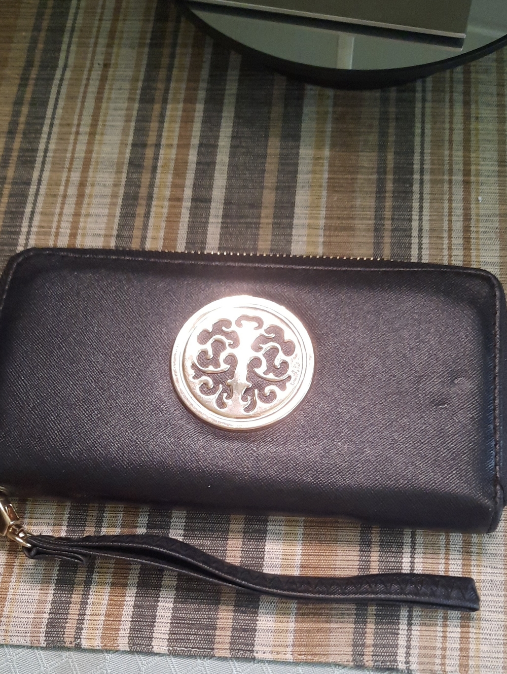 Black Women's Wristlet Clutch Wallet with Gold Medallion